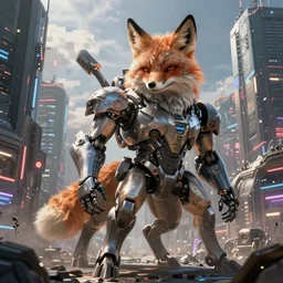 giant majestic fox!! in mechsuit in dystopian cyberpunk city, digital art, photorealistic render, octane, artstation