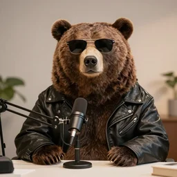 an oversized bear on a podcast sitting at a table in front of a microphone wearing sunglasses and a leather jacket