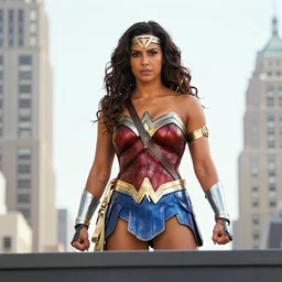 movie still of Priyanka Chopra as Wonder Woman on top of a building in NYC, realistic portrait, 8k resolution, hyper detailed, studio lighting, cinematic