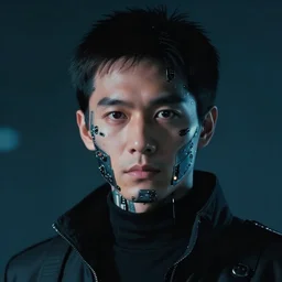 portrait of a cyberpunk man, implants in face, dark electronics vibe, 1 9 8 0 s sci fi film still photography, cinematic portrait, studio ghibli character portrait