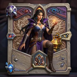 Hearthstone official professional art, with realistic beautiful face & eyes. A sorceress finding a treasure. Insanely coherent and well drawned physical body parts (face, arms, legs, hair, eyes). Full body, sharp focus, 8k high definition, insanely detailed, intricate, elegant, smooth, sharp focus, illustration, ArtStation