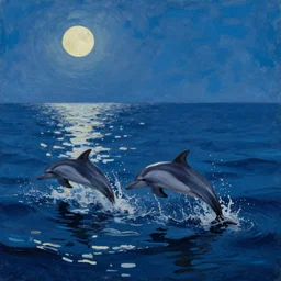 beautiful ocean in moonlight, dolphins jumping out of the water, oil painting
