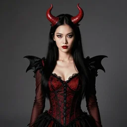 A Filipino woman wearing demonic clothes, portrait, by Philippe Halsman