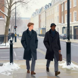 two people in the street of london in winters, greg rutkowski style, trending on artstation