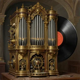 steampunk pipe organ lp album art, intricate detail, mechanical, baroque oil painting