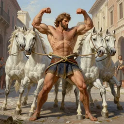 a highly detailed matte portrait painting of a hercules in a tug of war with four white horses, on a roman street, flexing his muscles, in the style of greg rutkowski and alphonse mucha, digital art, sharp focus, highly realistic, octane render