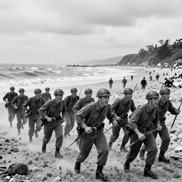 black and white vinage image, modern soldiers storming enemy beaches singing the follow country, i was a solider for you, i did what you asked me to, it was wrong and you knew, country, now i'm just a stranger to you a number, a name it's true, throw me away when you're through, octane render, photo realistic, hyper realistic, 8 k resoluton in the style of alvin schwartz.