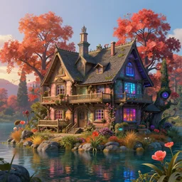a beautiful very detailed highly detailed nature chattel house by albrecht durer, tokyo gem laser biopunk poppy lightpaint studio ghibli at fall water sci - fi hyperrealism at dawn fantasy synthwave postcyberpunk thermal vision bioshock myst retro, archdaily, wallpaper, highly detailed, trending on artstation.