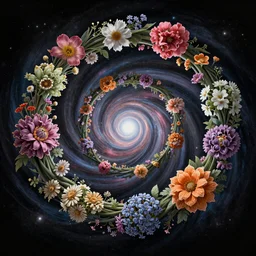 An epic fantastic realism comic book style painting of the most beautiful spiraling entwined flowers launched exquisitely across the dark spinning universe, floating bouquets, fisheye lens, unreal 5, DAZ, hyperrealistic, octane render, dynamic lighting