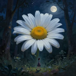 giant daisy flowers head, girl walking in forest, surreal photography, dark night, stars, moon light, impressionist painting, clouds, digital painting, artstation, simon stalenhag