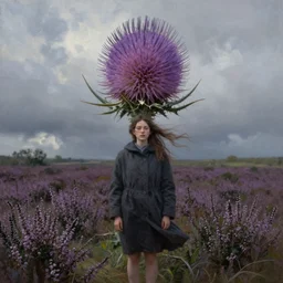 portrait, enormous thistle flower over head, a girl wearing coat in heather field, surreal photography, wind and cold, dramatic sky, impressionist painting, digital painting, artstation, simon stalenhag