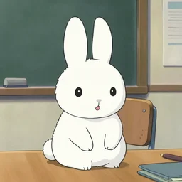 A white bunny rabbit sitting at a desk, Makoto Shinkai