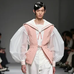 intricate savoir - faire design boyish couture details sailor collar in shell white peach pink dior modern avant garde attire airy double volume fluttery hardware fresh aesthetic, designer hairstyle hair piece, dynamic proportions posing, stylized figure, high detail photography, sharp focus, expert composition smooth