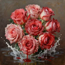 breathtaking oil painting of rose flowers made of meat and blood, white water splash and flesh, rembrandt style, german romanticism, 8 k, concept art, matte, sharp focus,