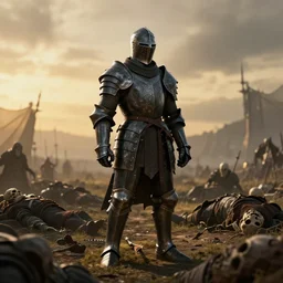 in the style dnd a skeleton knight in black full plate armor standing on the battlefield surrounded by dead bodies, golden hour, shallow depth of field, moody lighting, 8 k, concept art,