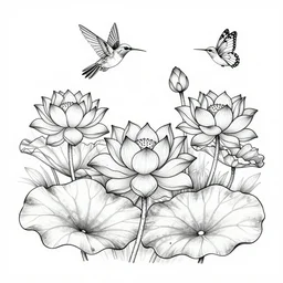 a detailed tatoo outline of a garden full of lotus flowers with floating a humming bird and butterflies, 4 k, masterpiece