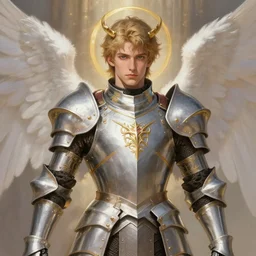 Full portrait of Magical Knight, holy armor, ornamental, angel themed, male, ornamental, highly detailed, smooth, shrap focus, digital painting, illustration, by Albert Aublet, Krenz Cushart, WLOP and Sakimichan, artstation