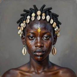 “sango God of thunder plaited beads hair cowry Nigerian lightning facial details proportionate dark skinned symmetrical digital art oil painting Paul klee Edward hooper”