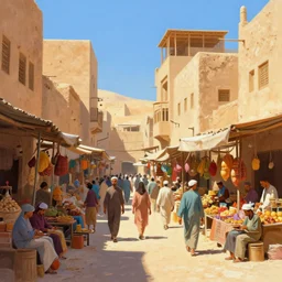 A digital painting of a market with merchants spread across an alley, desert city, vertical architecture, full of life, vivid and lively atmosphere, sunny, very colorful, detailed