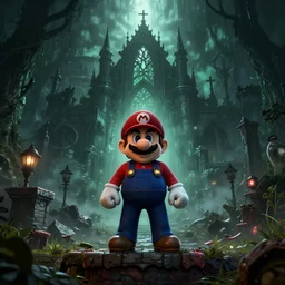 mario in a ruined kingdom, resident evil, gothic horror, silent hill, occult, terror, mist