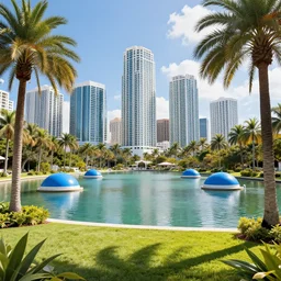 concept city art of an artificial lake surrounded by palm trees and small blues domes in miami, sunny day, hyperdetailed, artstation, cgsociety, 8 k