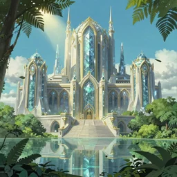 Horizontal view, massive scale, animation concept art, Breath of the wilde, studio ghibli style, Clear reflection, A Luxury Monumental Futuristic Castle in Art Nouveau Architecture, Crystal clear, sun rays:1.5 Lush vegetation with ferns, miyazaki, Craig Mullins dappled lighting, octane render, cinematic, photographic, realistic, highly detailed