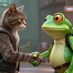 cat - faced man and frog - faced man shaking hands, high definition movie, photorealistic detail, futuristic production, adventure movie, 8 k