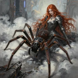 ultra realist and ultra intricate detailed soft painting of a gigantic spider in war with a beautiful gothic armored female mage, thin lustrous long auburn hair, symmetry features, sensual gloomy style, volumetric clouds,  cyberpunk background, artstation,  unreal render, depth of field