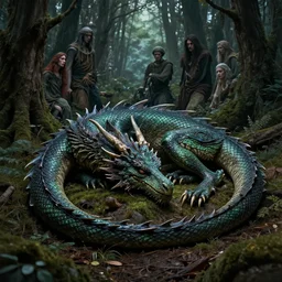 a dragon sleeping in a forest, ultra realistic, concept art, intricate details, eerie, highly detailed, photorealistic, octane render, 8 k, unreal engine. art by artgerm and greg rutkowski and charlie bowater and magali villeneuve and alphonse mucha
