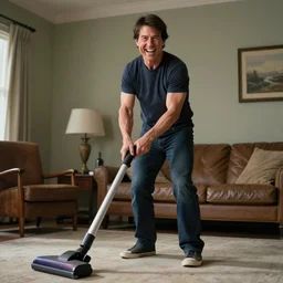 tom cruise laughing super hard, vacuuming his house, 5 0 mm, dynamic lighting