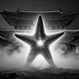 light coming out of a bull - like kaiju starfish monster, korean film noir, korean traditional palace, fog, 4 k, video compression, video glitch, monochrome, akira kurosawa - n 9