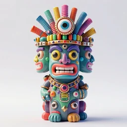 photo of a opalescent claymodel of a multicolored steampunk tiki with three heads, wearing a aztec helmet with multicolored irisdiscent tubes and shiny metallic devices, 3 d render, crisp, trippy, 8 k, fluorescent colors, insanely integrate