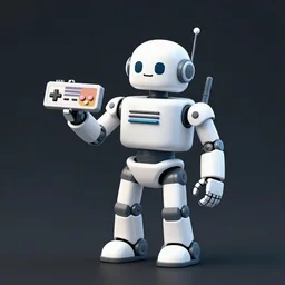 simple illustration of an elaborate robot holding a retro game controller in its hand, on screen video game shown in background