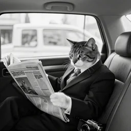 a cat in a suit in back of taxi reading a newspaper, black and white, canon camera,