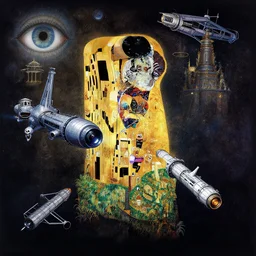 concept art, exterior illustration of a busy spacestation floating in the void, cinematic, dynamic composition, all seeing eye, jean giraud, sparth, gustav klimt, warhammer 4 0 k, spelljammer, buddhist architecture, omni magazine, dieter rams, mecha, zaha hadid, foreboding, mysticism, alphonse mucha