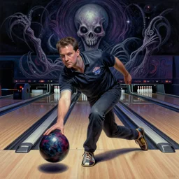 portrait of an american professional bowler bowling at a bowling alley, cosmic horror, elegant intricate digital painting artstation concept art by mark brooks and brad kunkle extreme detailed