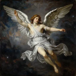 greek angel falling from heaven during a starry night, realistic, traditional painting, harsh lighting, beautiful, breathtaking