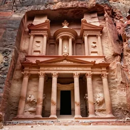 the temple of petra with the pillars carved as anime characters