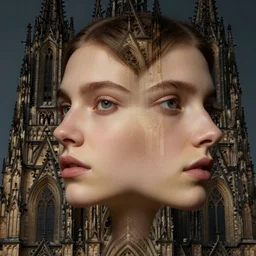 colour photo of a beautiful sublime young woman's face morphing together with an intricate gothic cathedral, anatomically correct, moody, highly detailed, rule of thirds, face in sharp focus, art by raphael, john william godward, alphonse mucha, android jones