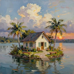 a tiny island surrounded by water with a cozy cottage, with a paved garden courtyard with benches, palm trees, river, sunset, puffy clouds, dramatic and dynamic lighting, thick brush strokes oil impasto painting
