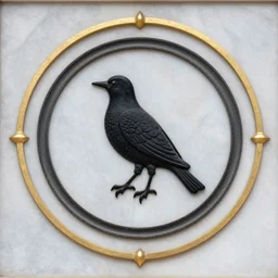 A coat of arms with a blackbird in the center, around it two rings of different width. Made of marble with gold decoration. SLR photography