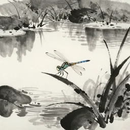 a japanese style sumi - e, ink art, depicting a dragonfly on a blade of grass in a peaceful pond. delicate black and white ink brush.