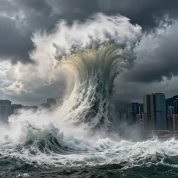 massive mega tsunami wave about to crash over hong kong city, cinematic, hyper realistic, dramatic light, epic clouds, apocalyptic, john martin, michael bay