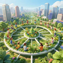 solarpunk cityscape with fractal mycelial network of circles of individual happy humans working together creating regenerative joy, sunny day, lots of plants and trees