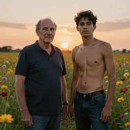 a man is white and balding, and middle aged, and the other man is latino and skinny, together in a field of flowers at sunset, realistic, intricate, 4k