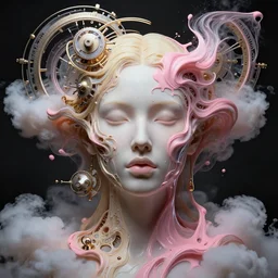 epic beautiful intricate and detailed concept art. abstract supermodel female face with blond and pink liquid fluid carbon god. abstract sculpture. art noveau clouds. astronomical mechanism.