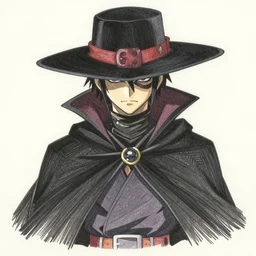 a drawing of a person wearing a cape and a hat, a character portrait by baioken eishun, featured on pixiv, rayonism, official art, toonami, dark