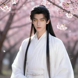 a young beautiful prince, golden eyes, long black hair, white hanfu, elegant, intricate, backlit, incredible lighting, strong rim light, subsurface scattering, photorealistic anime, beautiful landscape, cherry trees, highly detailed digital painting, by Heise Jinyao, Heise-Lian Yan Fang, Feimo, Rossdraws, Sakimichan HDRI, vivid colors, high contrast, trending on artstation 8k