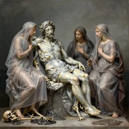 masterpiece ultrarealistic ultradetailed la pieta medium shot painting of catholic veiled transparent ladies with rotting skeleton still life, slime, lawrence alma - tadema, immerse, special effects makeup, 1 9 th, maximalist, glittering, gold, ivory, hyperreal, golden ratio, alphonse mucha