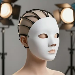 ultra detailed, beautiful natural light, studio lights, rim light, isabelledeltore wearing a white mask with black wires on her head, featured on behance, net art, made of wire, 5 0 mm lens, elegant, hyper realistic, ultra detailed, octane render, volumetric lighting, 8 k post - production